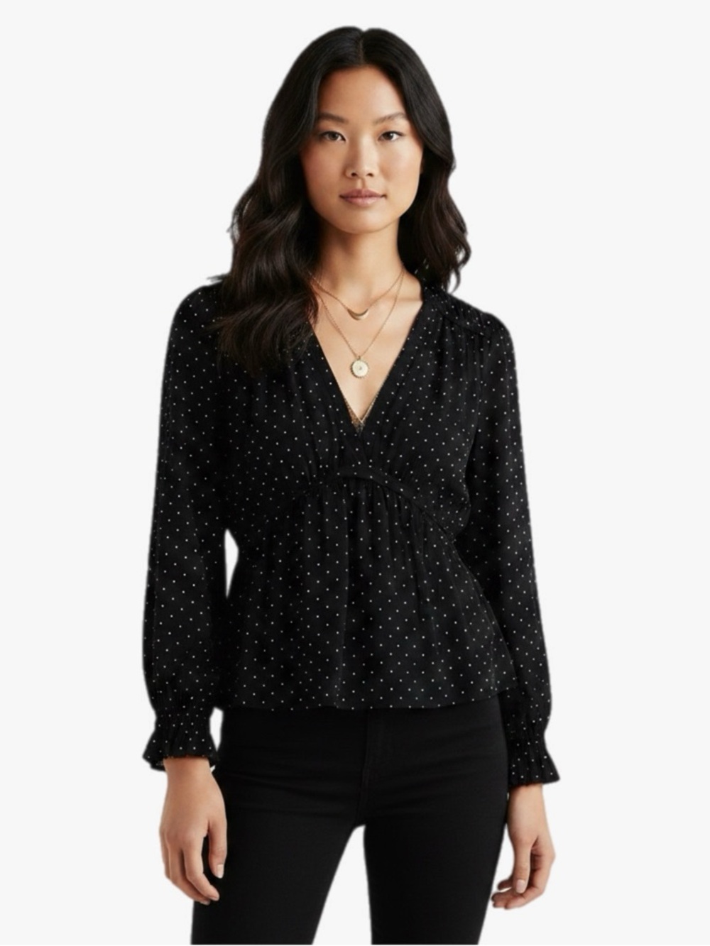 Lucky Brand Black Polka Dot V Neck Blouse Womens Size Medium